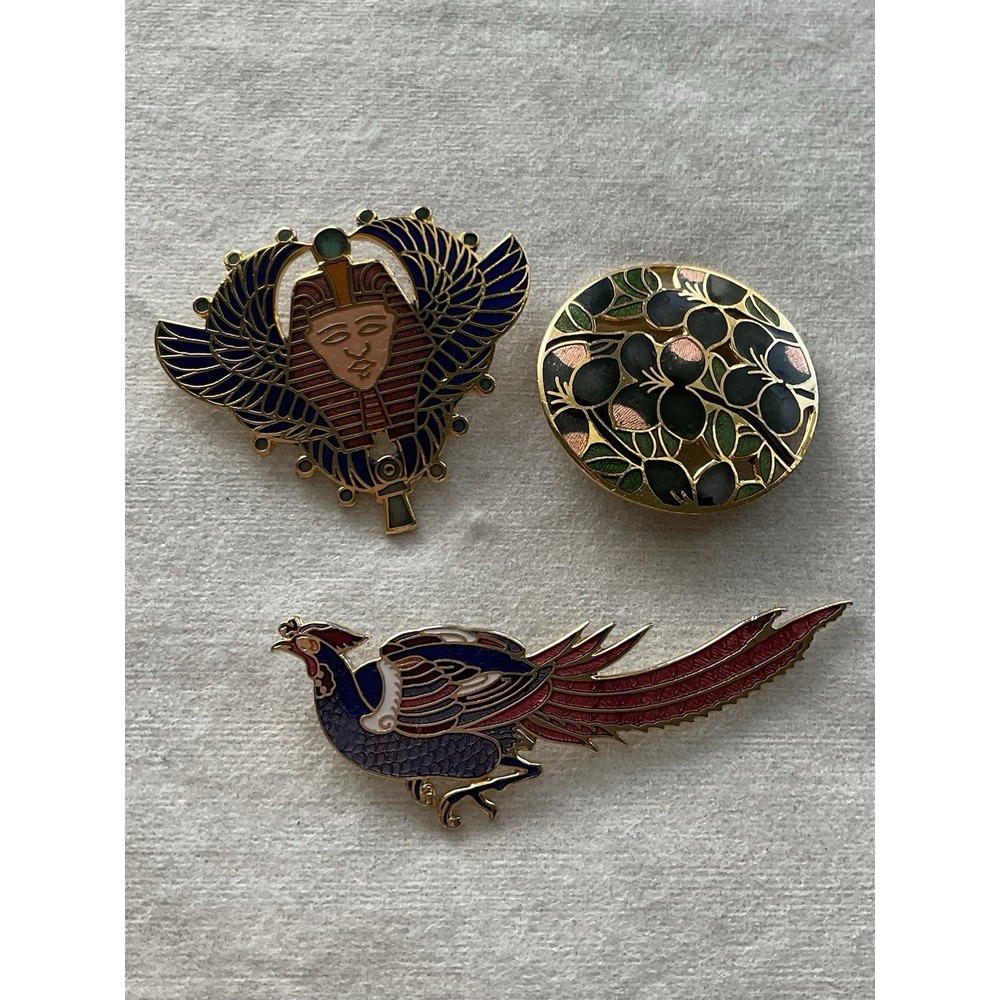 Lot Of 3 Vintage Enamel Cloisonné Brooch Pin Estate Jewelry Peacock Ect
